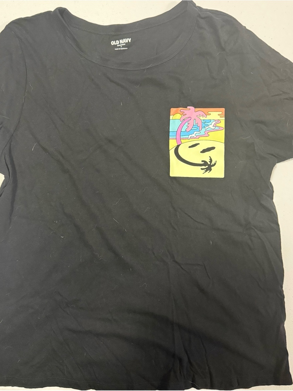 Old Navy Black Short Sleeve Tee with Colorful Palm Pocket Graphic